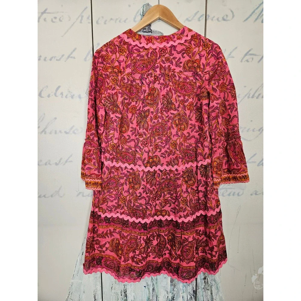 Lola Australia Tunic Dress Small Pink Paisley Tiered Ric Rac Bell Sleeve Boho